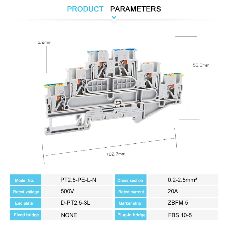 PT2.5-PE/L/N 3 Level Din Rail Terminal Block Ground Modular Push-in 2.5mm Grounding Wire Electrical Connector PT2.5-3L-PE