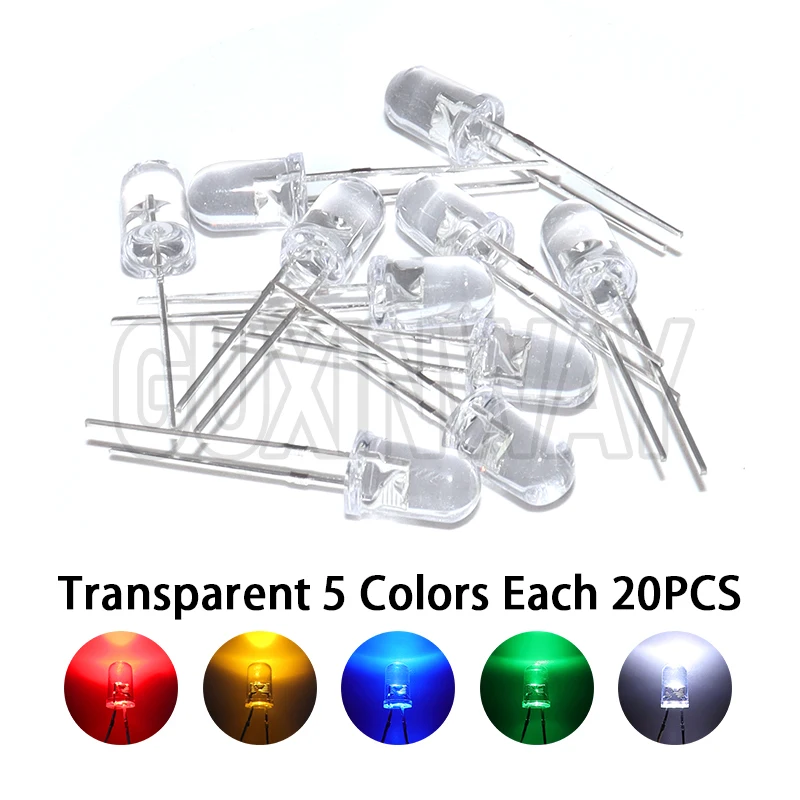 100PCS 5mm LED Diode F5 Assorted Kit White Green Red Blue Yellow Orange Pink Purple Warm White DIY Light Emitting Diode