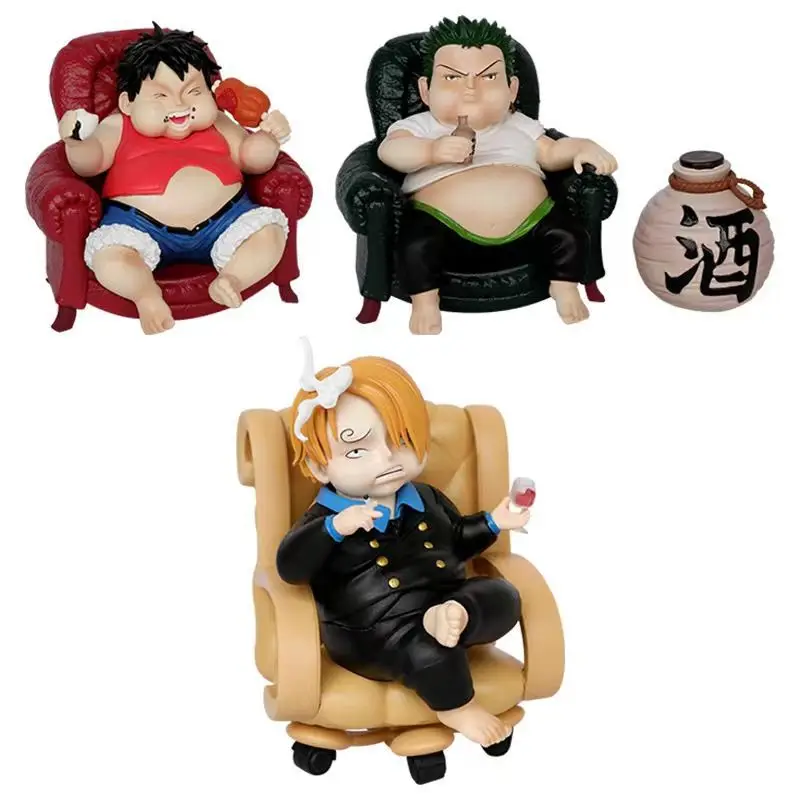 New One Piece Figure Gk Cute Spoof Version Obese Zoro Luffy Sanji With Hip Flask Kawaii Fat Person Desktop Ornaments Model Toy