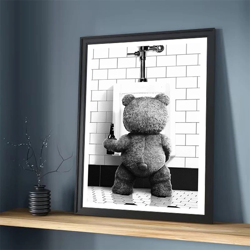 

Black White Cute Bear Bathroom Decoration Posters Canvas Print Painting Wall Picture Art Modern Fashion Room Home Toilet Decor