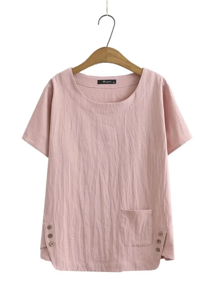 camiseta-feminina-plus-size-de-algodao-e-linho-manga-curta-gola-redonda-solta-estilo-Etnico-casual-com-efeito-emagrecedor-cam