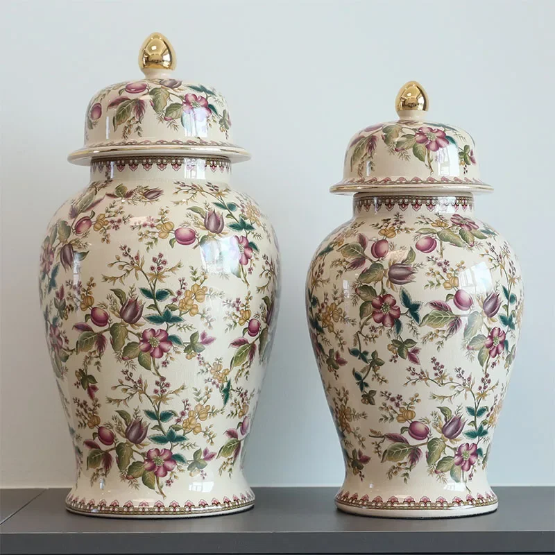 Vintage Floral Fruit Pattern Ceramic Ginger Jar with Lid Gold Finial Crackle Glaze Storage Jar General Jar Home  Decorative Vase
