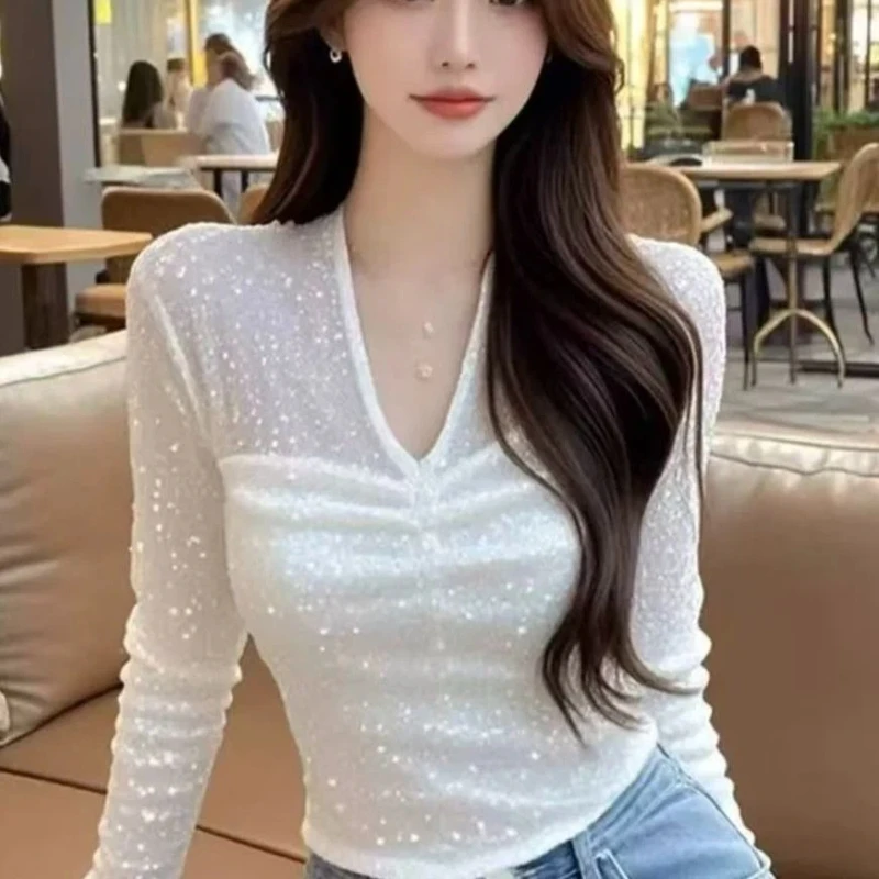 

Elegant V Neck Beaded Long Sleeve Top For Women Office Wear Slim Fit Spring Autumn Casual Chic Style