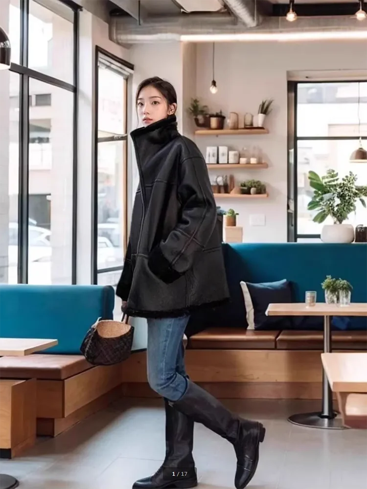Koreanische Nachahmung Lammfell Langarm Pelz Einteilige Jacke frauen Mantel Winter Neue Warme Lose Motorrad Kragen Leder mantel