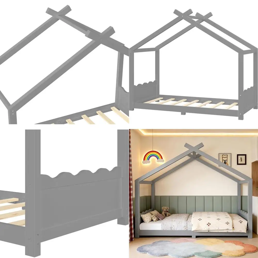 

Низкая кровать из массива дерева с игровой зоной, подходит для детских комнат, серая