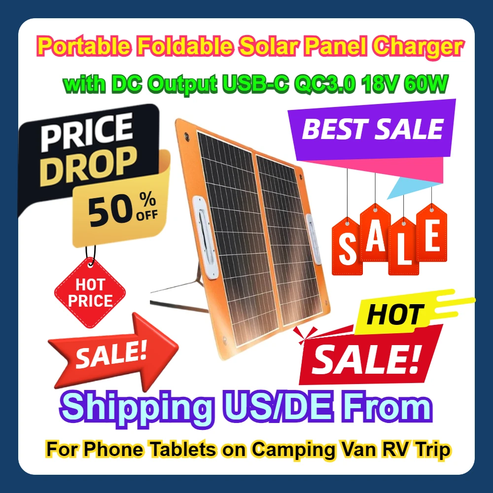 Portable Foldable Solar Panel Charger with DC Output USB-C QC3.0 18V 60W For Phone Tablets on Camping Van RV Trip