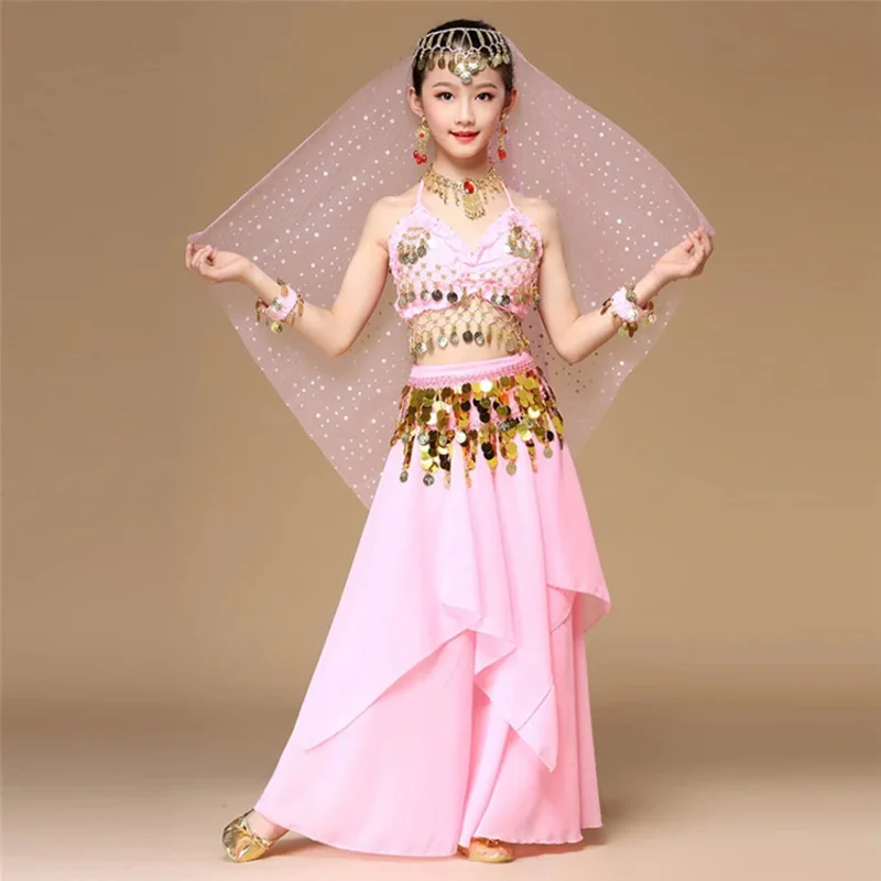 ใหม่ 2025 5 ชิ้น/เซ็ตสีชมพูสไตล์เด็กเครื่องแต่งกาย Oriental เครื่องแต่งกาย Belly Dancer เสื้อผ้าเต้นรําอินเดียราคา RER12 RQR12