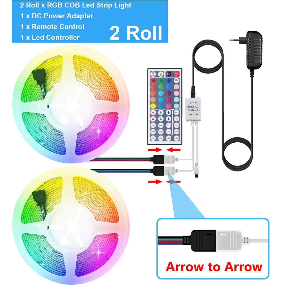 1/2 Roll 5mm PCB RGB COB LED Strip Light WiFi Bluetooth Remote Control Power Adapter Kit DC 12V 576LEDs/m 0.5m 1m 2m 3m 4m 5m