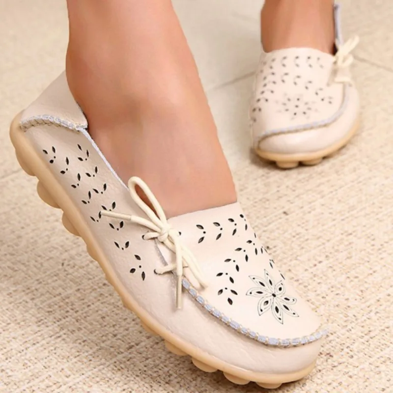 Flats Shoes Woman Fashion Hollow Bowtie Women's Loafers Plus Size Moccasins Genuine Leather Shoes Footwear Zapatos De Mujer