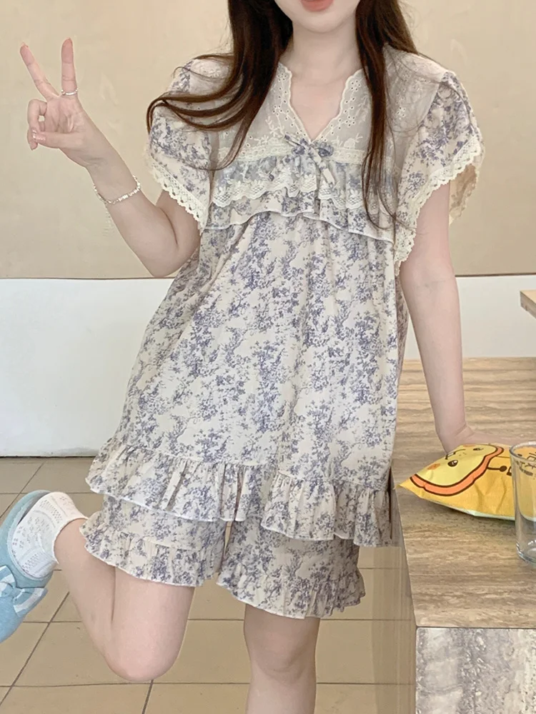 New Soft Lace Ink and wash NightDress Chinese style Short Sleeve Sweet Summer Pajama Set Women Princess Cute Casual Real price