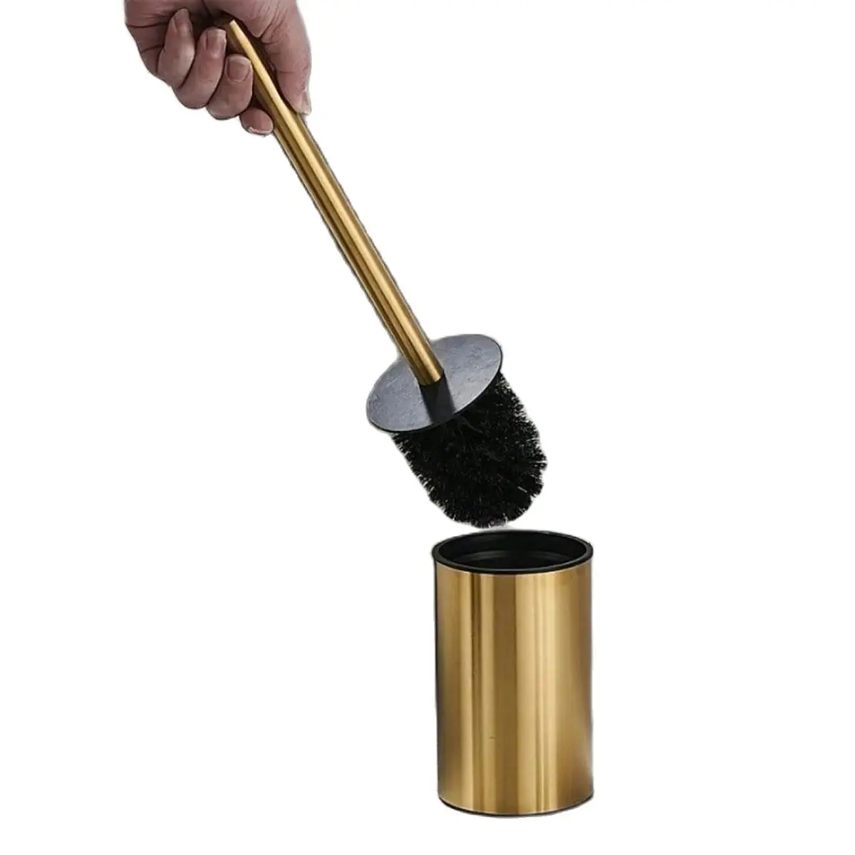 Goldene runde Toilettenbürste aus Edelstahl, mit langem Edelstahlgriff und stabiler Basis für die gründliche Reinigung des Badezimmers. – Detail 12