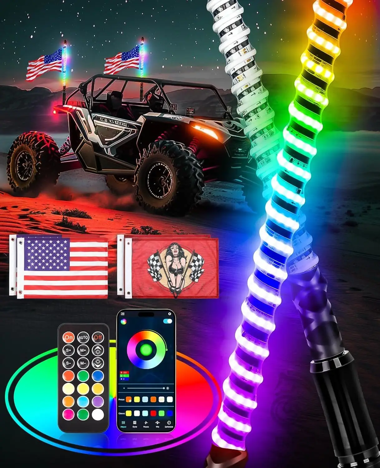 

2PCS 2FT COB LED Whip Lights Flagpole Antenna Whips For UTV ATV Off Road Truck Sand Buggy Dune RZR Remote Control