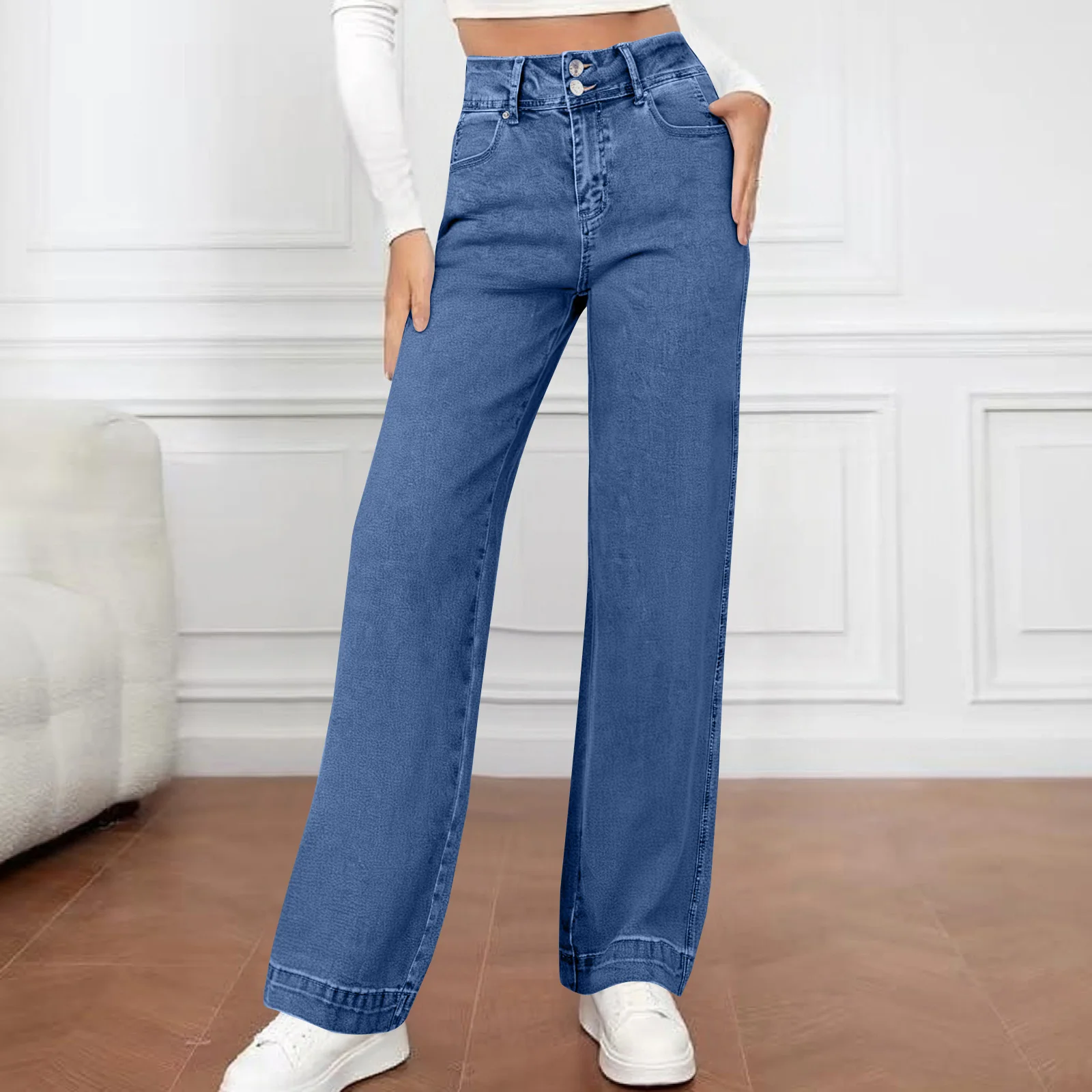 

Новые женские джинсы, темно-синие прямые брюки с высокой талией, свободные широкие брюки, эластичные джинсовые элегантные интеллектуальные джинсы