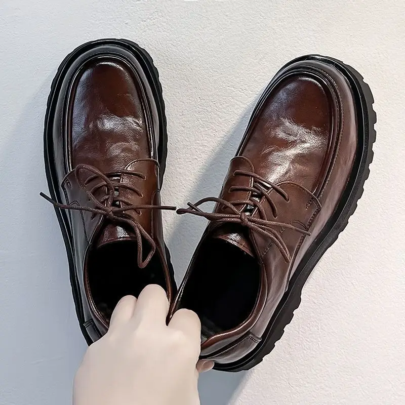 2025 New Brown Leather Men Trendy American Style Height-Increasing Chunky Stylish Thick Sole Hot-Selling Derby Shoes