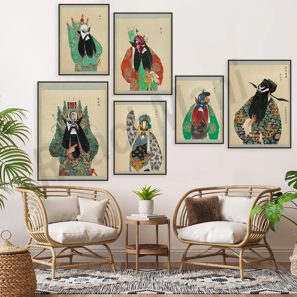 Qing Dynasty Peking Opera character portraits, character makeup and costume posters in dramas, Chinese style print decoration