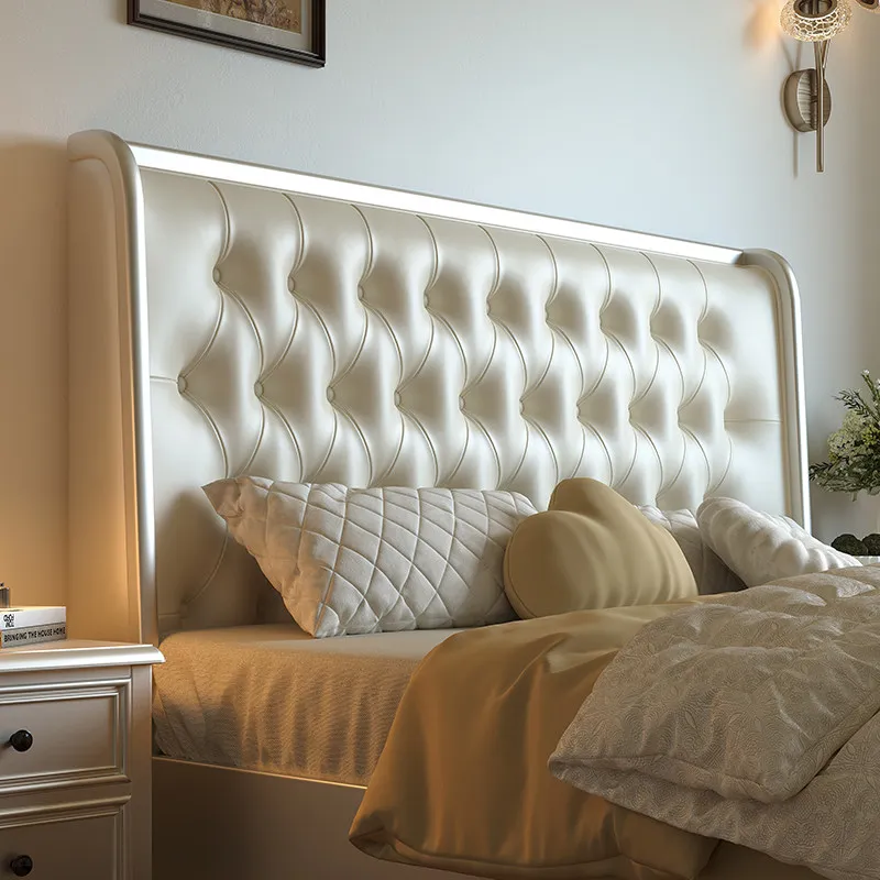 jl-European & American Light Luxury Solid Wood King Size Bed with Genuine Leather Soft-Padded Adjustable Headboard%
