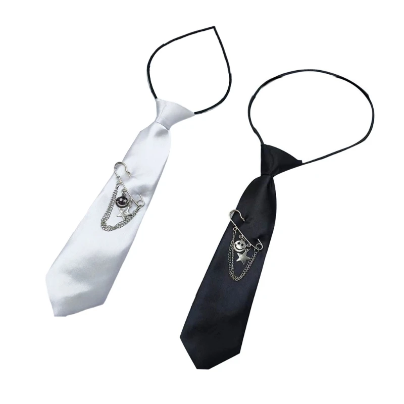 Metal Face Pin Necktie Elastic Pre Tied Neck Tie Student Shirt Collar Tie