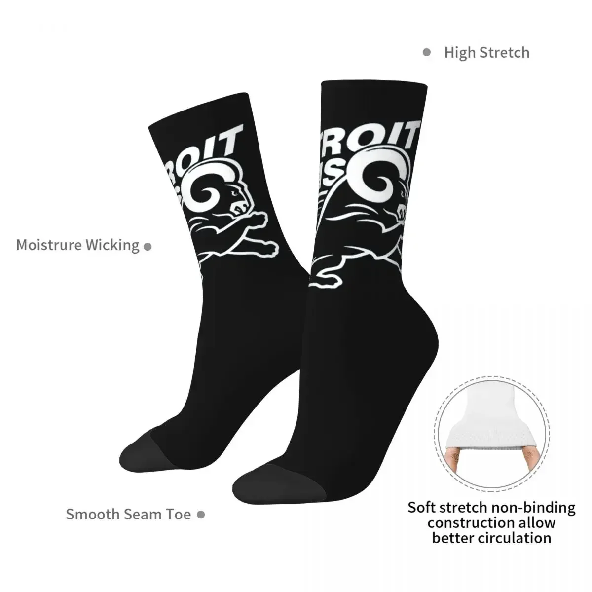 Detroit Rams Socks Harajuku Sweat Absorbing Stockings All Season Long Socks Accessories for Man's Woman's Gifts