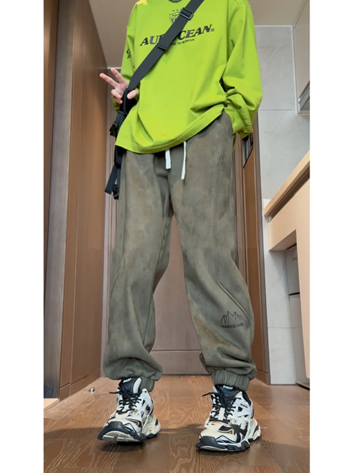 Military een Men's Fce Lined Thiened Lamb Velvet Sweatpants Cuffed American Retro Northeast Winter Cotton Pants