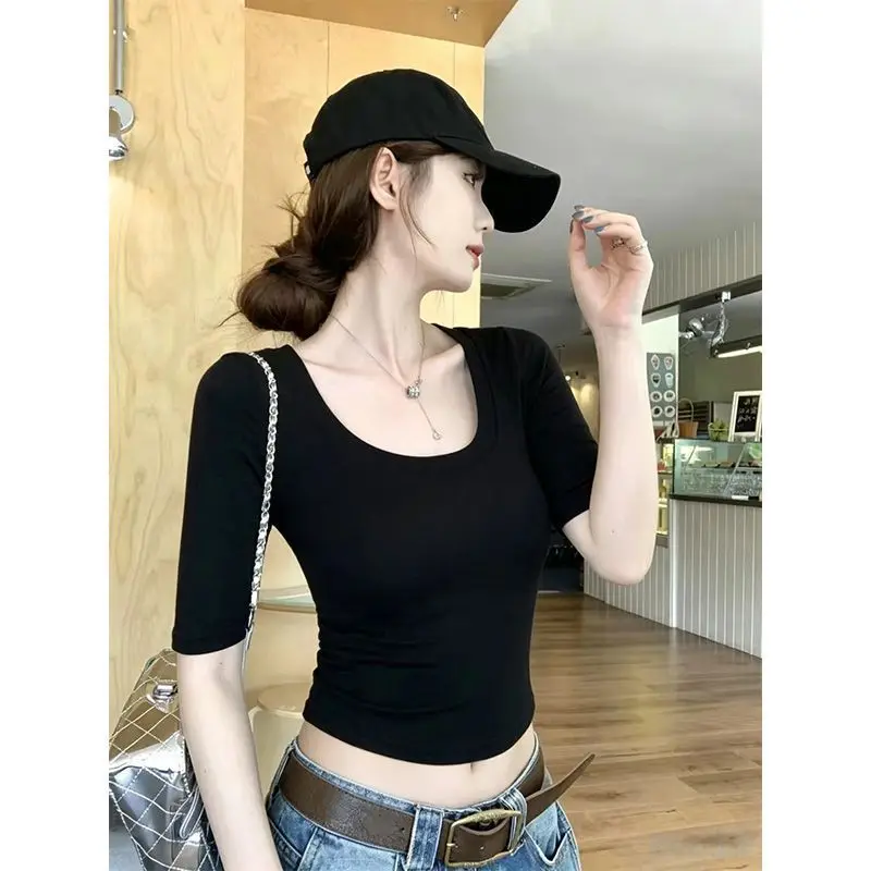 Slim Fit High Waist Short T-Shirt Women's Korean Style Five Sleeve U-Neck Top Breathable Comfortable Summer Fashion