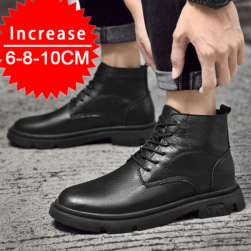 Men Boots Elevator Shoes Invisible Heels 8CM 6CM Height Increasing Shoes Man Fashion Leather Ankle Boots Male Moccasins Taller