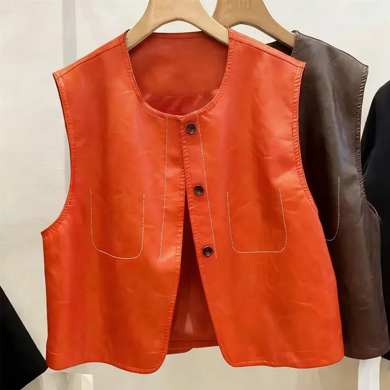 Fashion 2026 Spring Autumn Splicing PU Leather Jacket Short Vest Single-breasted Waistcoat Women Colete Feminino Tops