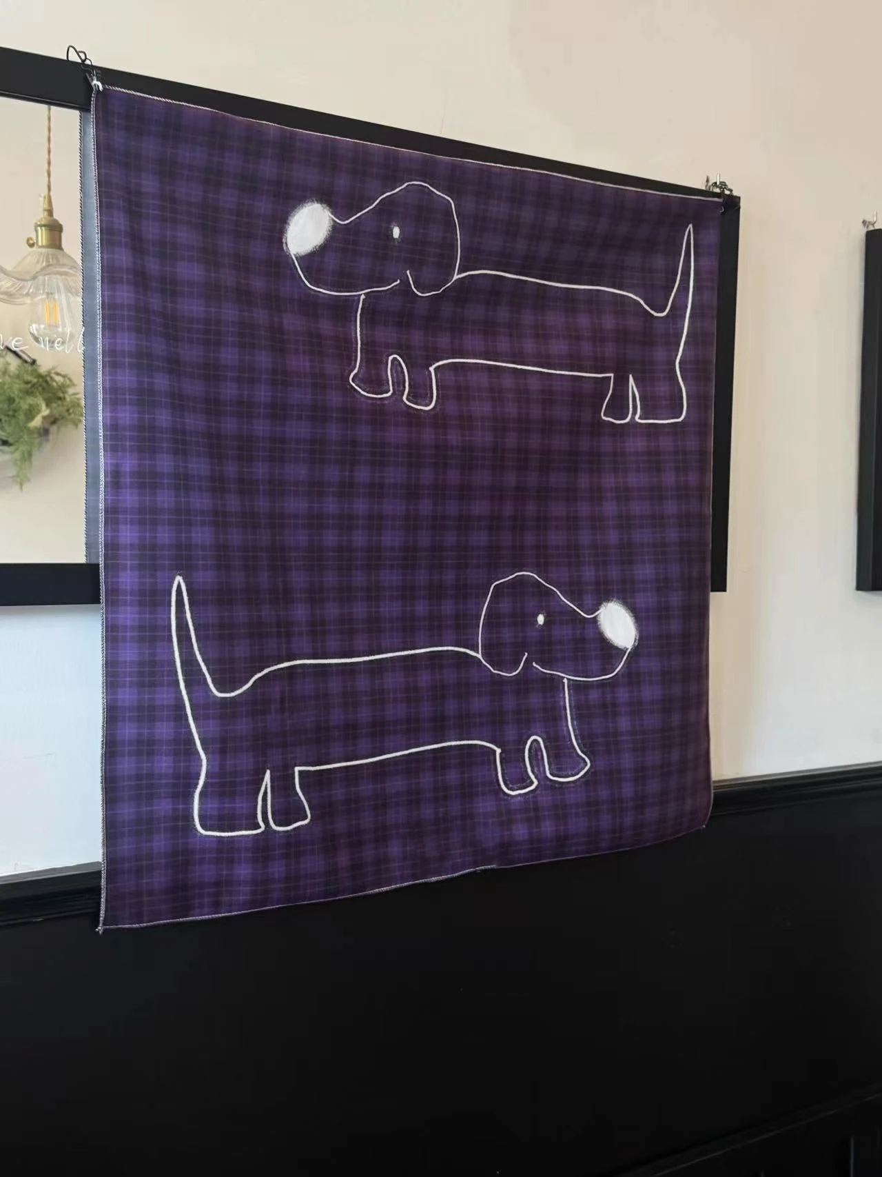 Original Purple Checkered Line Drawing Puppy Tapestry, Practical and Aesthetic Wall Hanging, Modern Art Tapestry
