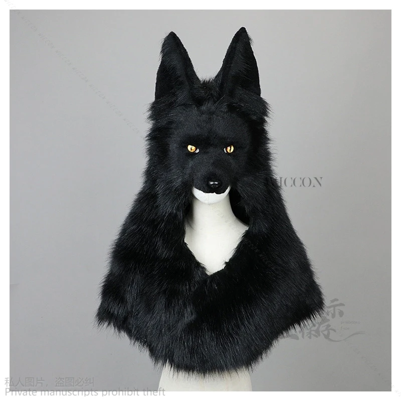 Anime Viking Style Simulated Black Wolf Head Plush Hat Cosplay Fashionable Luxury Man Hat Men Roleplay Game Furry Cos Halloween