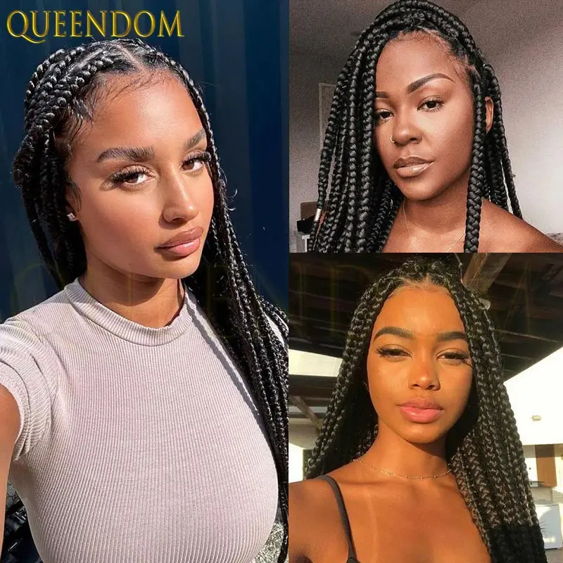 36 بوصة صندوق جامبو شعر مستعار مضفر طويل أسود الاصطناعية كامل الدانتيل جديلة شعر مستعار كبير مربع Knotless صندوق الضفائر شعر مستعار للنساء السود