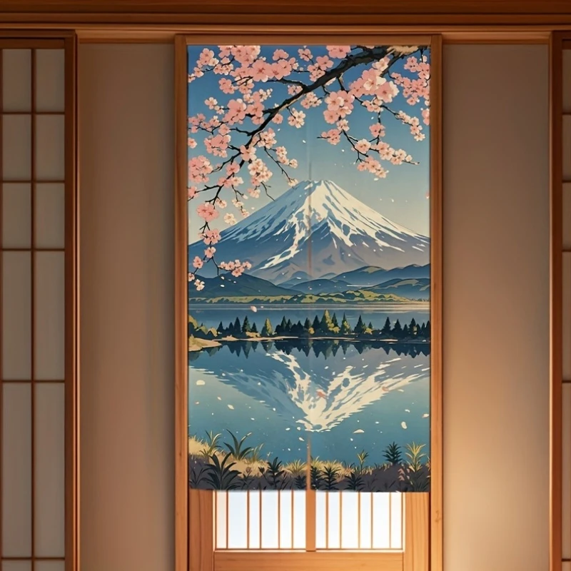 VIKAMA Wabi-Sabi Japanese-Style Cherry Blossom and Mount Fuji Door Curtain, Indoor Decorative Half-Door Curtain, Home Decor
