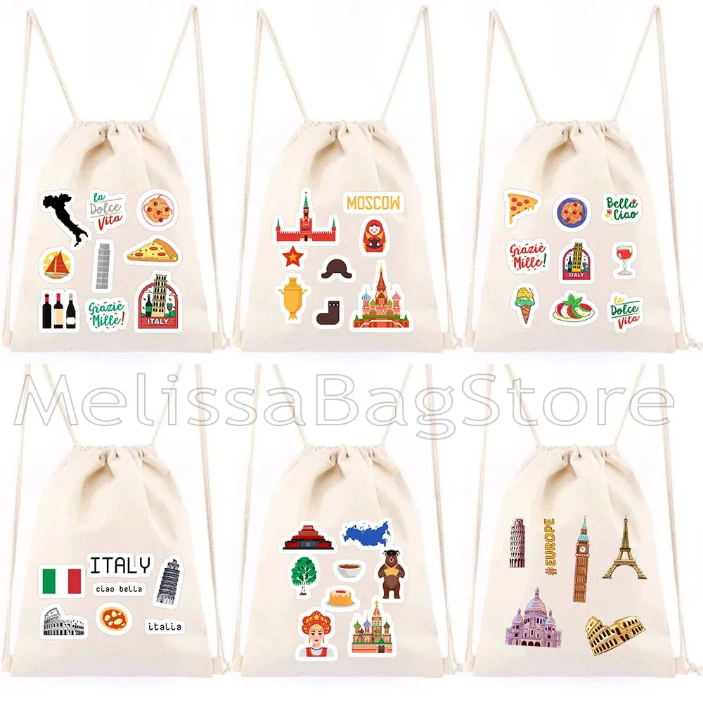 

Russia Thailand Iceland Malta South Korea United States Landmarks Travel Cute Gifts Drawstring Bags Backpack Sackpack String Bag