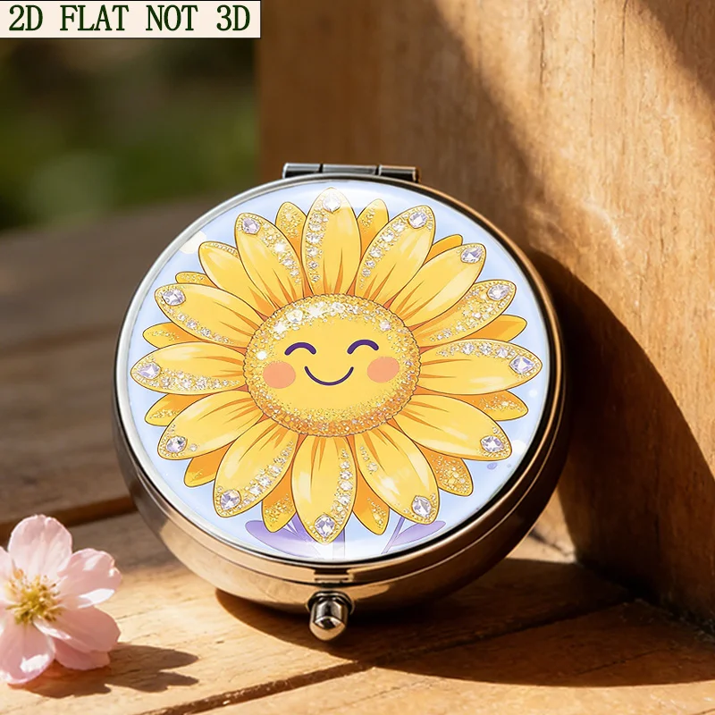 Single pack, flat, round portable case, bright sunflower pattern, portable and stylish medicine storage box, with 3 compartments, can store vitamins and pills, suitable for travel, unique and creative, metal material, portable, medicine storage