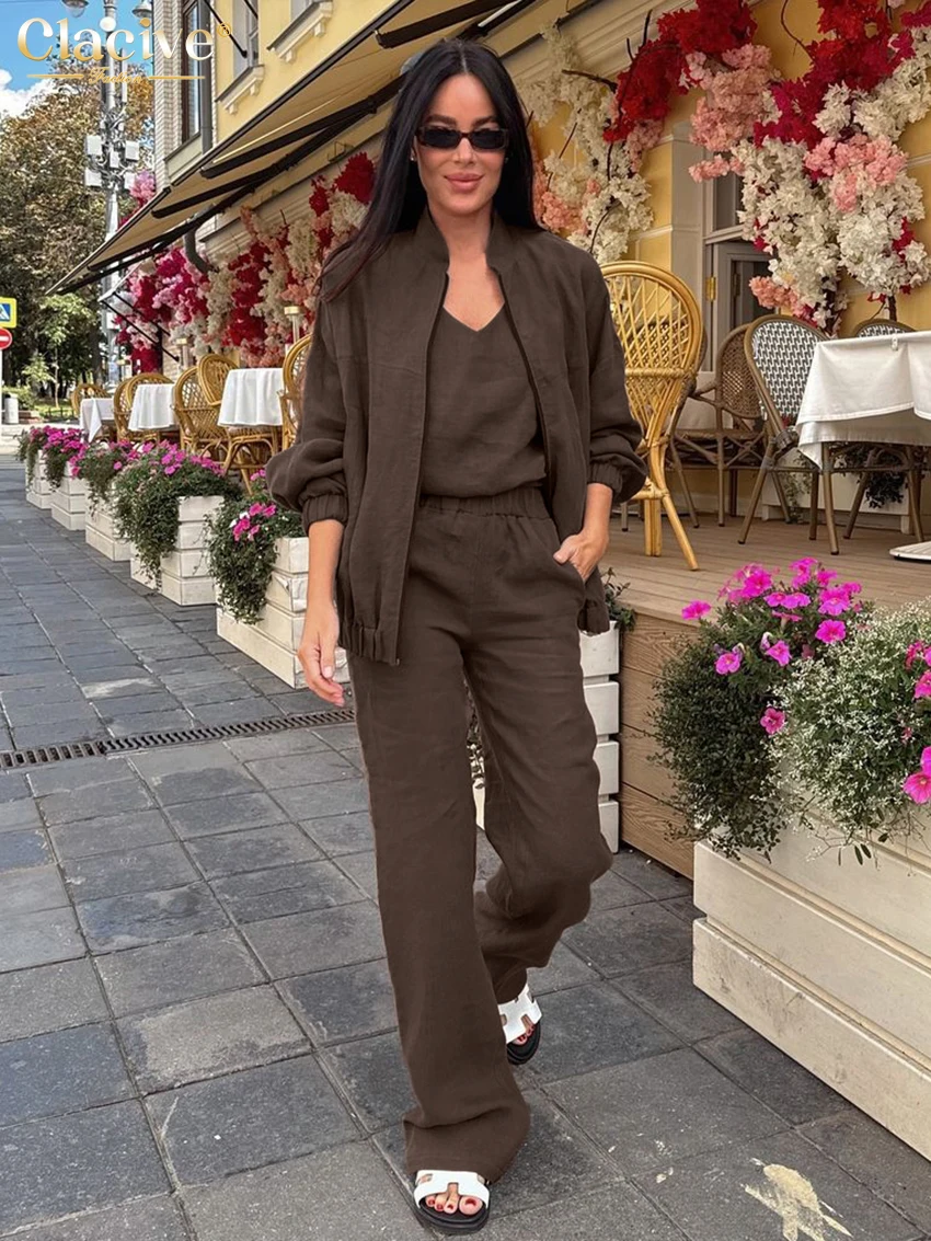 

Clacive Fashion Loose Brown Cotton Women's 3 Pieces Set 2025 Elegant Long Sleeve Shirt + Tank Top With High Waist Wide Pants Set