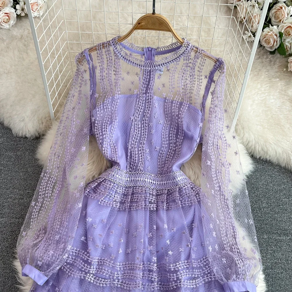 New Purple Lace Women's Dress Vintage Spring High Waisted Party Bodycon Dresses Lady Long Sleeve Clothing Woman Summer