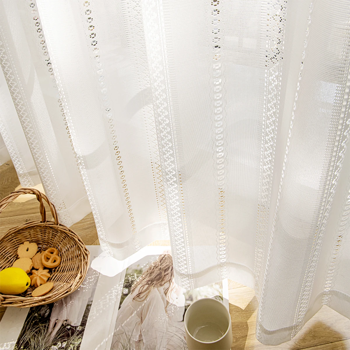 1pc Simple White Hollow Sheer Curtain, Japanese Boho Style,Rod Pocket, Geometric Stripe Pattern Gauze Curtain for the Room Decor