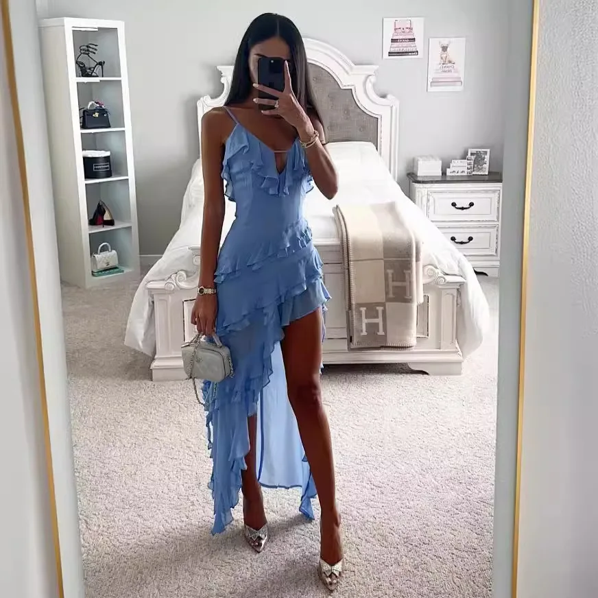 Frau Unregelmäßige Quaste Sommer Trend Dünne Split Maxi Bodycon Geburtstag Party Clubwear Vestidos Blau Elegante Frauen Strap Kleider