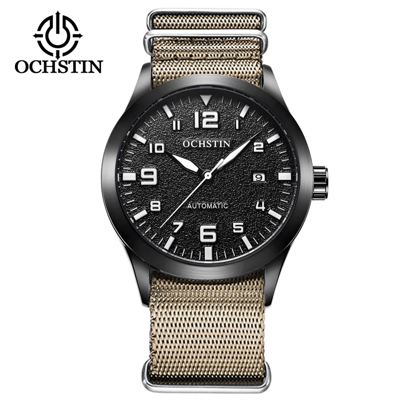 Automatic Mechanical Men Watch Military Style with Auto Date Luminous Hands Tactical Slip-thru Nylon Strap Old School Wristwatch