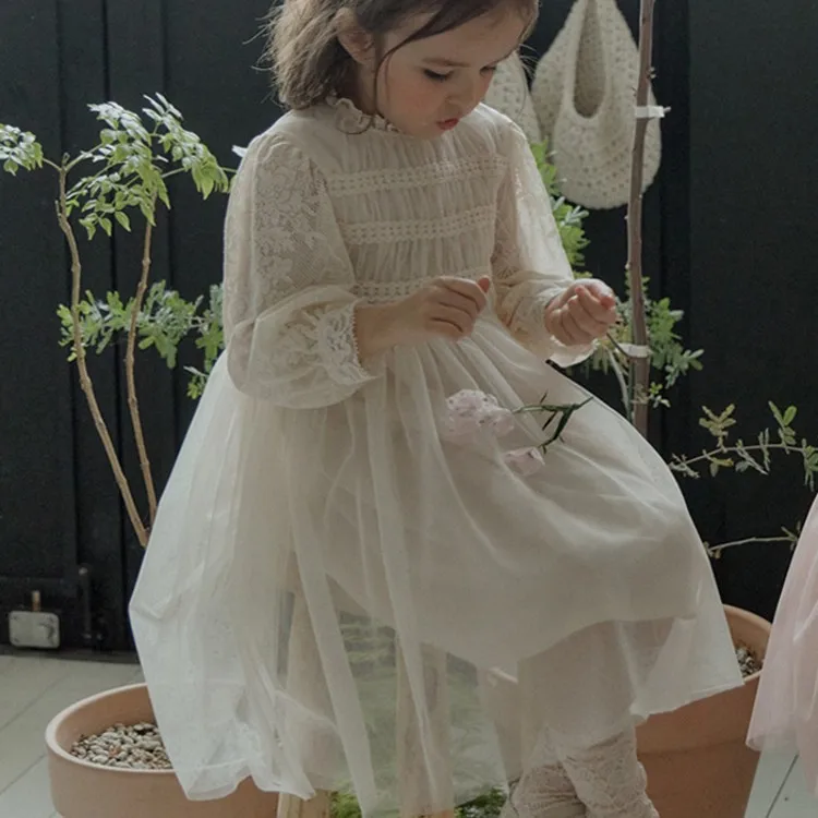 Children Clothing Girls Dress Spring 2024 New Fashionable Korean Style Girls Solid Color Lace Princess Long-sleeved Sweet Dress