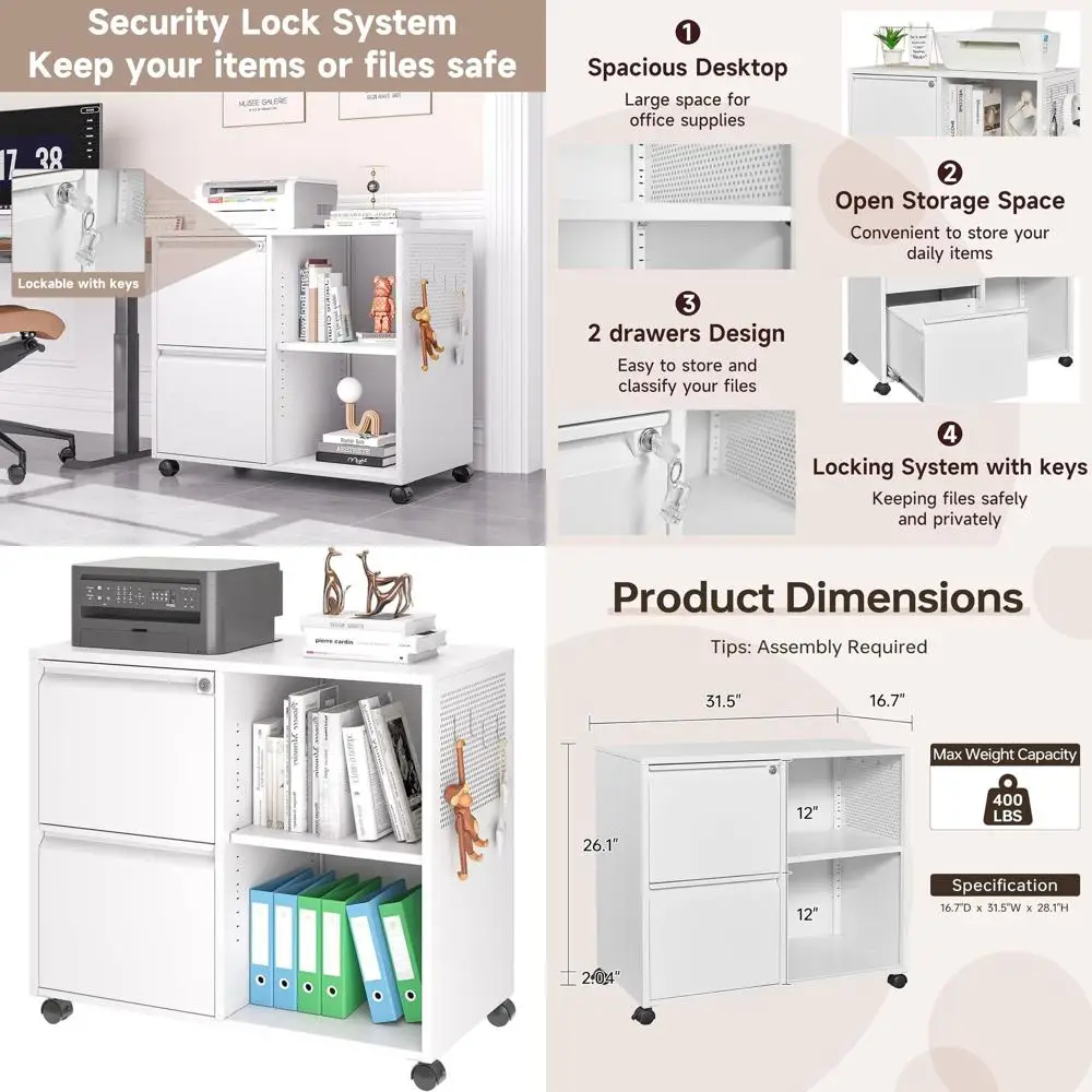 

Мобильный металлический шкаф для документов для домашнего офиса, подстольный, на колесиках, для форматов А4/F4/Letter, белый - сборка