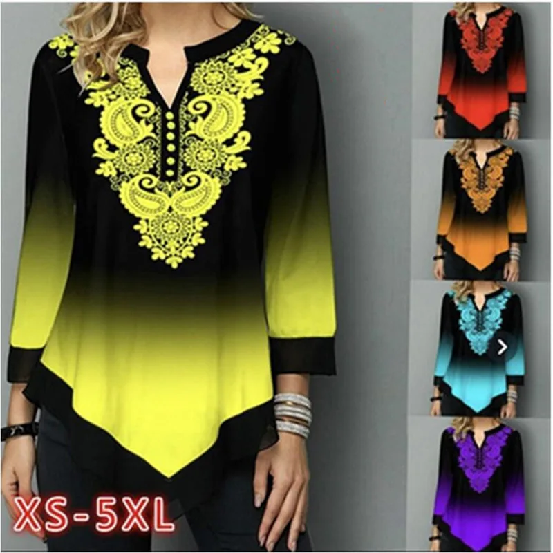 Shirt Women Spring Summer Blouse 3/4 Sleeve Casual Printing Female Fashion Shirt Tees Tops  5XL StreetShirt