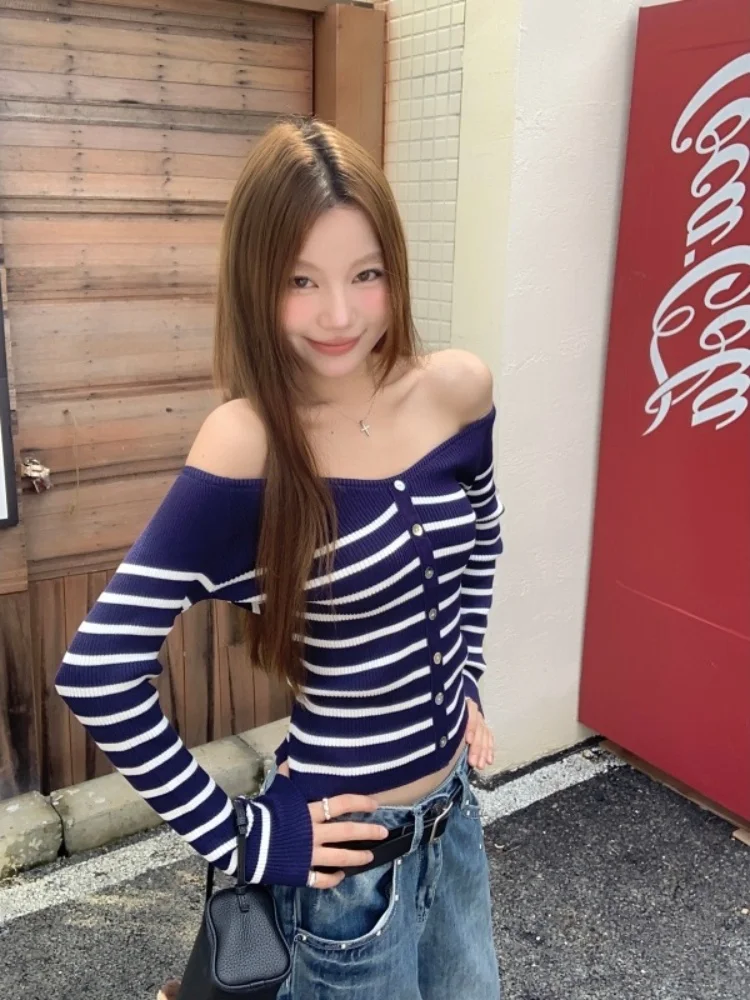 한국 슬레 컬러 블로 스트라이프 원숄더 롱 슬리브 니트 스웨터 여성용 가을 겨울 슬림핏 달콤하고 매운 시크...