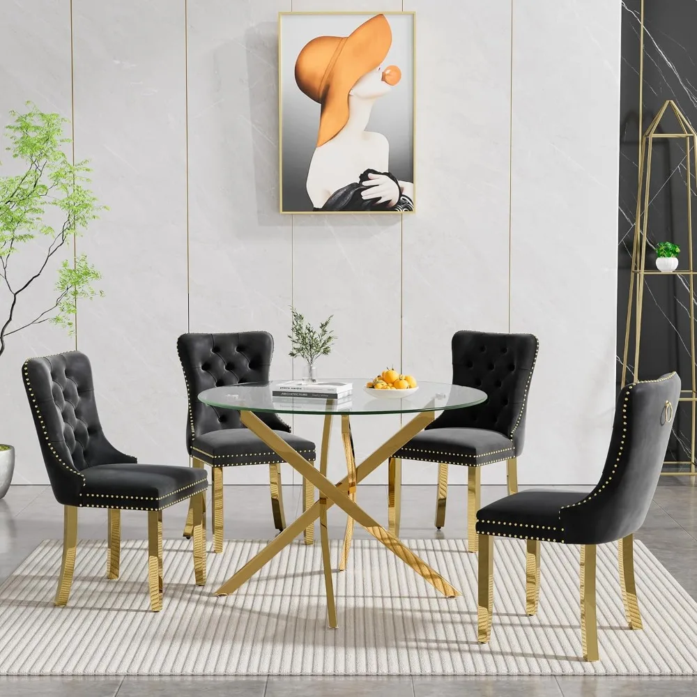 

Round Glass Dining Table Set for 4, Round Glass Kitchen Table Set Small Dining Room Set with 4 Dining Chairs for Kitchen