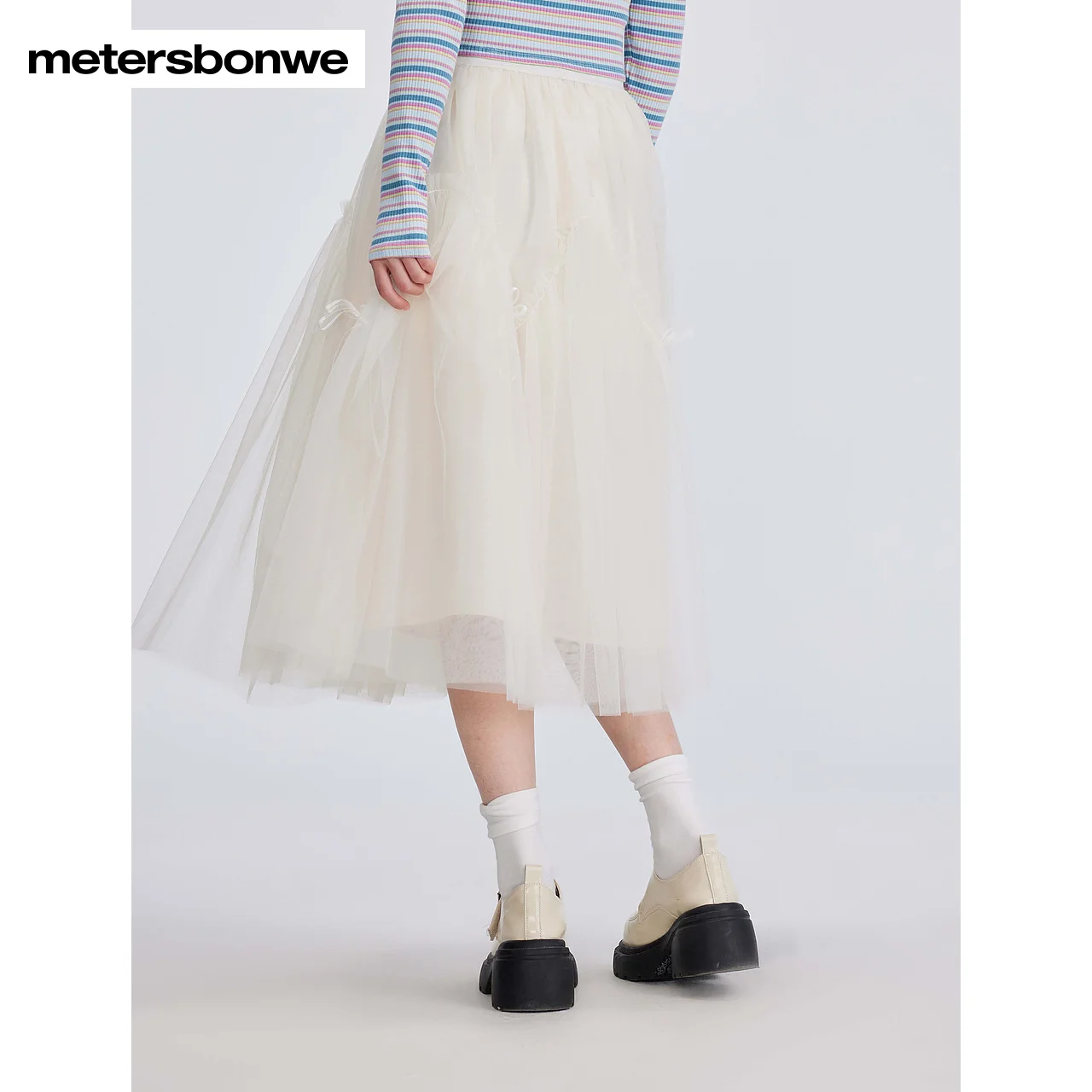 Metersbonwe-women's high-density elastická pletivo načechraný sukně  mid-calf délka bow-tied gáza sukně sladké zaměnit jaro léto