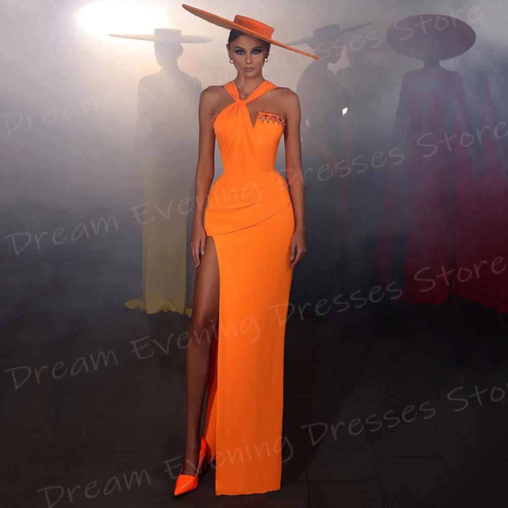 Generous Orange Mermaid Simple Women's Evening Dresses New Modern Halter Neck Prom Gowns Charming Side Split فساتين سعيد شارون