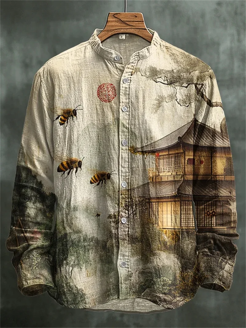 Vintage 3D Kitten Printed Men's Linen Long Sleeve Button Shirt Vintage Notes Clothing Casual Vintage Style Top