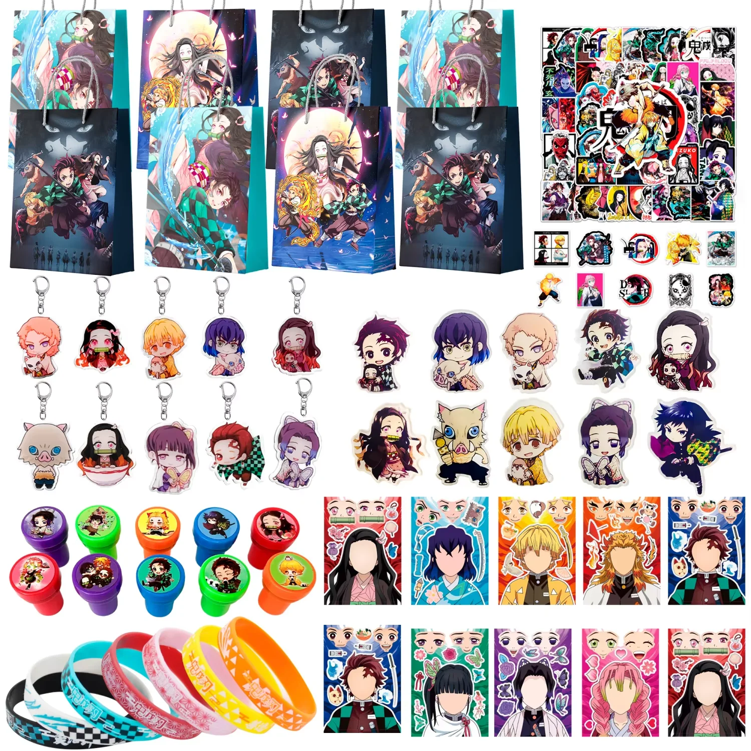 Faveurs de fête Demon Slayer, 110 pièces, cadeaux de fête d'anniversaire Demon Slayer, autocollants Demon Slayer, sacs, Badge, etc., cadeaux Demon Slayer