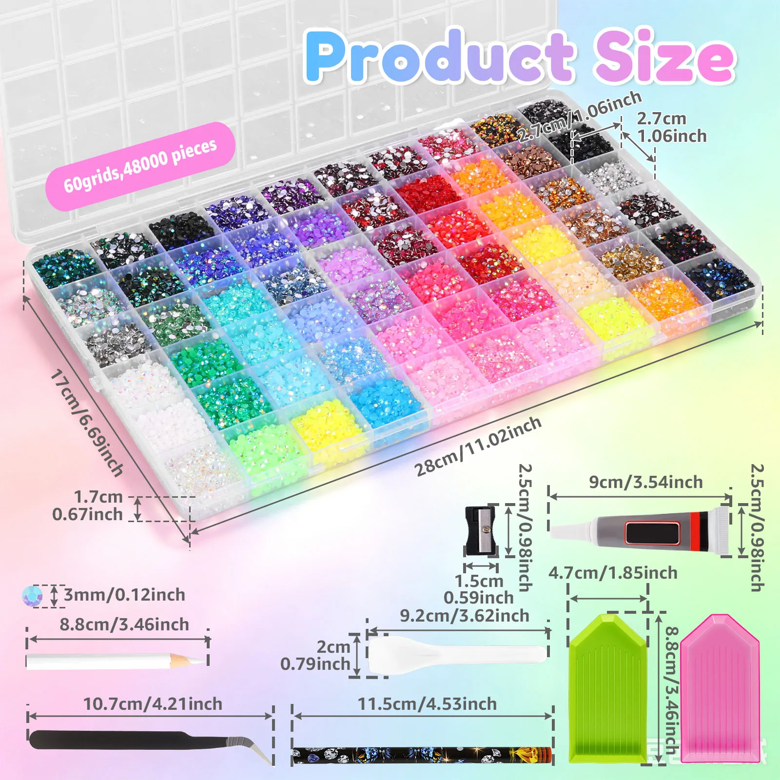 40/42/60 Colors Resin Rhinestone Bedazzling Kit Mixed Color Resin Drill 3mm Flatback Rhinestone with Glue for Nail Art Crafting 3