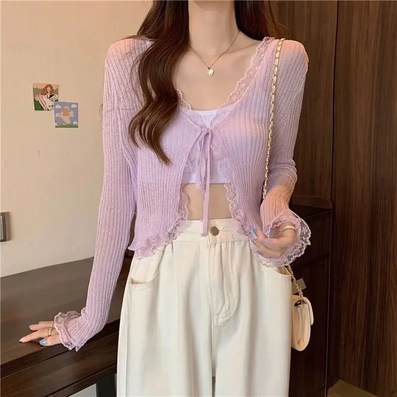 4 Colors Cardigans Women Lace Sexy Solid Casual Summer Sun-proof Thin Breathable Cropped Korean Style Female All-match Ulzzang