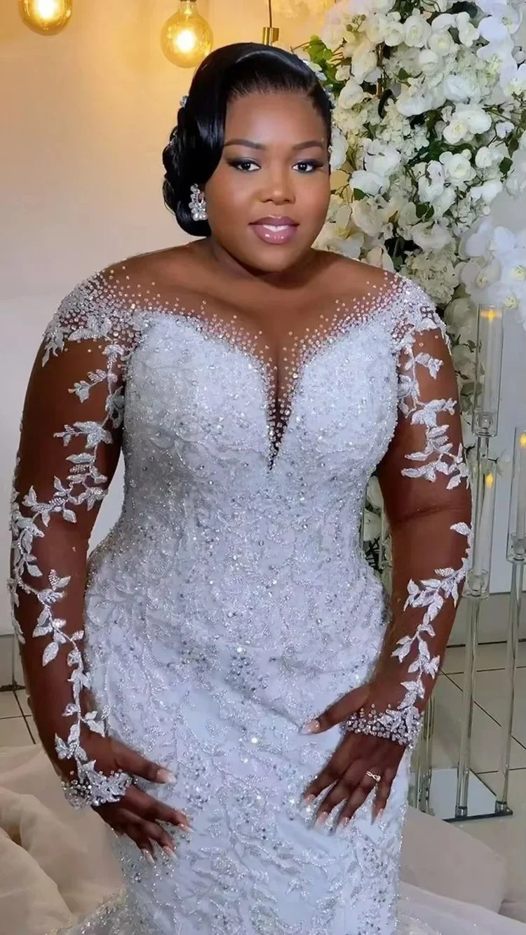 

Customized Heavy Lace Beaded Mermaid Arabic Wedding Dress for Bride Illusion Long Sleeves Garden Plus Size Bridal Gown