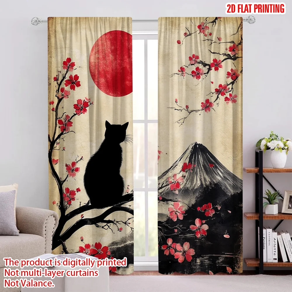 

2Pcs Cherry Blossom Curtain Mountain Red Sun Black Cat Vintage Curtain Retro Scenery Window Drapes Home Decor